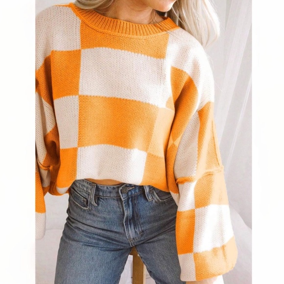 Checkers Orange White Oversized Knit Pullover Sweater - Picture 4 of 13